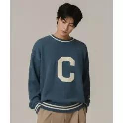 빅 C 로고 크루넥 니트 터콰이즈
