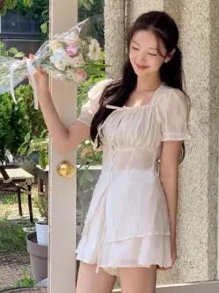 (세트템) 로랑 쉬폰 리본 블라우스 밴딩 치마바지 세트 st2593