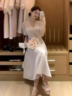 (국내제작)(반팔ver/미니롱/하객룩) 슈에드 2기장 시스루소매 리본 버튼 반팔 가을원피스 op15727