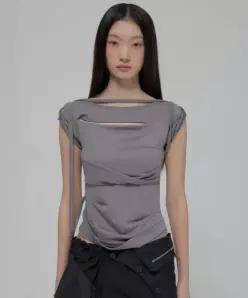 플레어업 FLAREUP Asymmetrical Draped Strap Roll-Up T-Shirt FL-170 Dark Gray
