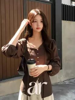 (MADE/자개버튼/허리잘록핏) 드멜린 스트랩 자개 버튼 긴팔 가을 가을블라우스 bs8916