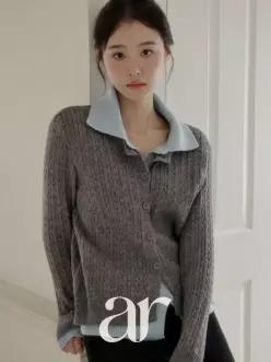 카라 배색 레이어드 케이블 니트 가디건 데일리룩 오피스룩 출근룩 cd3514