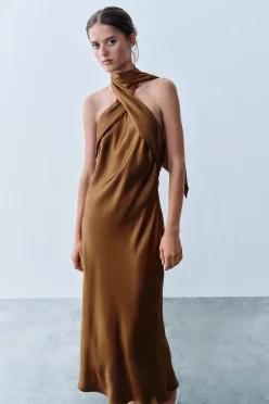 ZARA 자라 새틴 홀터넥 미디 원피스 카라멜 7961 566 732