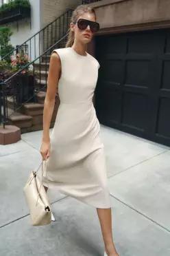 ZARA 자라 페이크 레더 미디 숄더 패드 원피스 크림 4387 237 712