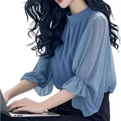 여성 쉬폰블라우스 칠부 퍼프소매 여름 출근 상의 M사이즈
