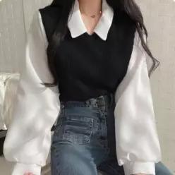 [라일리여성의류] Rly 니트카라 레이어드 티셔츠 페이크 블라우스