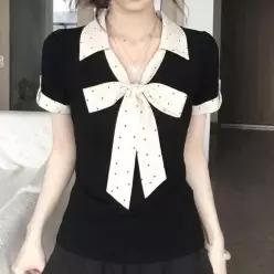 [라일리여성의류] Rly 카라 숏슬리브 도트리본 티셔츠