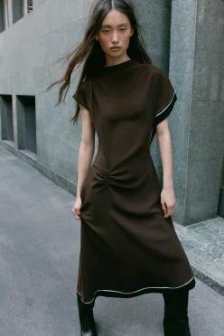 ZARA 자라 언밸런스 미디 원피스 브라운 5029 221 700