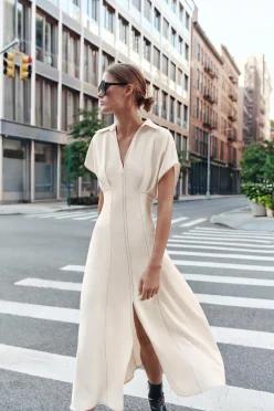 ZARA 자라 배색 스티치 미디 원피스 크림 8616 957 712