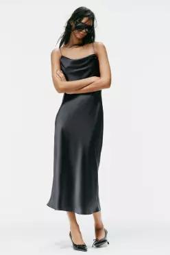 ZARA 자라 새틴 드레이프 미디 원피스 다크 납색 7869 332 835