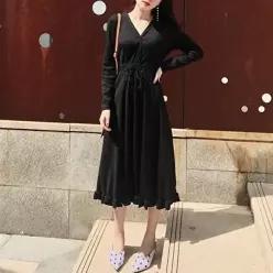 [옷자락]옷자락 프릴 플레어 미디원피스_블랙 벽돌레드(블랙 완판)