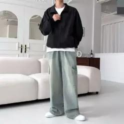 남자 머드워싱 밴딩 카고 와이드 데님 청바지 남성 팬츠