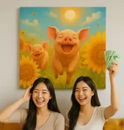 돼지 해바라기 캔버스액자 돈들어오는 풍수 거실 현관 개업선물 홈데코