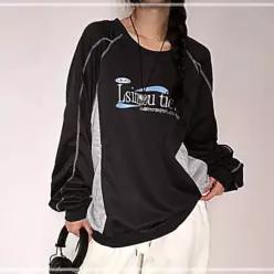포인트 형광티셔츠 노브라티 여성롱티셔츠 여성 맨투맨티셔츠 캐주얼 여성봄티셔츠 배색 EWFG85X412