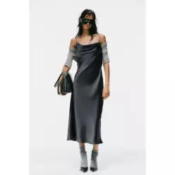 ZARA DRAPED SATIN MIDI DRESS - Dark charcoal grey 7869/332/835