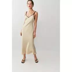 ZARA CONTRAST TRIM SATIN MIDI DRESS - Beige 1165/138/710