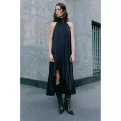 ZARA RUFFLED HEM HALTER midi dress - Navy blue 8617/617/401