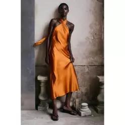 ZARA SATIN HALTER MIDI DRESS - Orange 7961/748/615