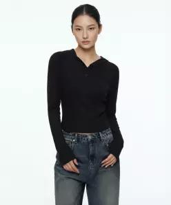 무스탠 여성 우먼즈 리브드 슬림 후드드 긴소매 티셔츠 블랙