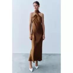 ZARA SATIN HALTER MIDI DRESS - Caramel 7961/566/732