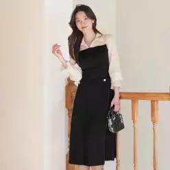 시크라인 네이단 링클 쉬폰 배색 플레어 피스 빅사이즈/오피스룩/하객룩148463
