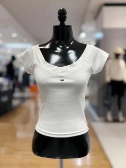 타미진스 타미진 여성 화이트 슬림 골지 오프숄더 립 자수 탑 반팔 티셔츠 T32G1TTO45TWT1 6229