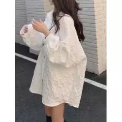 패션 올 매치 블라우스 솔리드 컬러 플리츠 오버사이즈 롱 슬리브 싱글 브레스티드 셔츠 캐주얼 루즈 탑