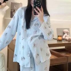 [라일리여성언더웨어] Rly 강아지 스트라이프 코튼 면 여성 파자마 세트