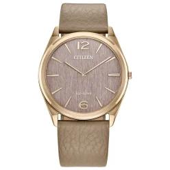 Citizen 시티즌 유니 Eco-Drive 드레스 클래식 에코 시계 베이지 가죽 스트랩 핑크 다이얼 양손 (모델: AR3