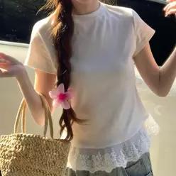 [라일리여성의류] Rly 슬림핏 반팔 티셔츠 레이스 밑단