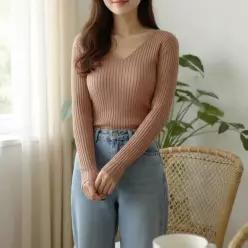 [라일리여성의류] Rly 슬림핏 골지 브이넥 긴팔 상의