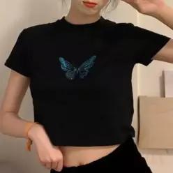 [라일리여성의류] Rly 파랑 나비 배꼽 크롭 캡소매 반팔티