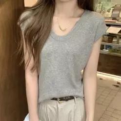 [하프클럽/]데일리 베이직 U넥 반소매 여성 니트 탑