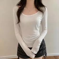 [하프클럽/]여성 U넥 슬림핏 긴팔 티셔츠 무지 상의