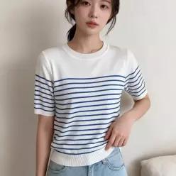 [하프클럽/]여름 스트라이프 골지 니트 소피 티셔츠 데일리 반팔 상의 썸머