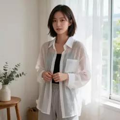 [하프클럽/]시스루 셔츠 여름 남방 박시핏 비침 있는 상의 휴양지 여행룩 32
