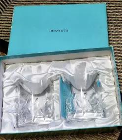 미국 티파니 앤 코 크리스탈 록 글라스 잎 모양 컷 세트 2개 투명 미사용 박스 일본에서 387663140961