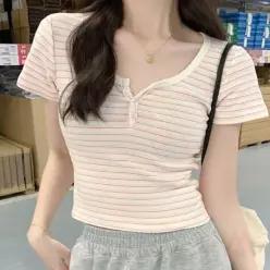 [라일리여성의류] Rly 줄무늬 크롭 반소매 슬림핏 티셔츠