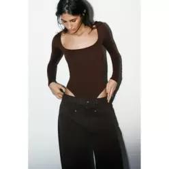 ZARA polyaMID 미드e SQUARE 스퀘어 NECK 넥line BODYSUIT 바디수트 수트 - Chocolate 5039/850/717