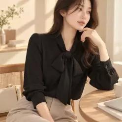 리본 블라우스 정장 면접 쉬폰 긴팔 셔링 무지 오피스