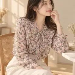 블라우스 브이넥 긴팔 호캉스 여행 여성 플라워