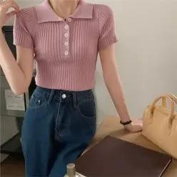 [라일리여성의류] Rly 골지 카라 니트 반팔 슬림핏 티셔츠 여름 상의