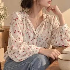 쉬폰 블라우스 퍼프 긴팔 봄가을 러블리 꽃무늬