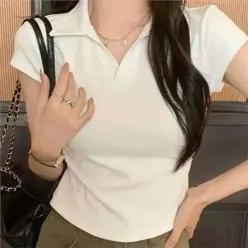 [라일리여성의류] Rly 크롭 카라 티셔츠 골지 셔링 브이넥 상의 슬림