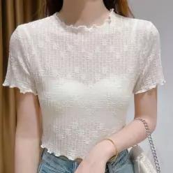 [라일리여성의류] Rly 여름용 시스루 라운드프릴 크롭 반팔티셔츠