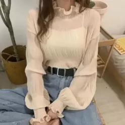 [하프클럽/]여성 여리핏 프릴 하이넥 긴팔 블라우스 2컬러 가을 상의