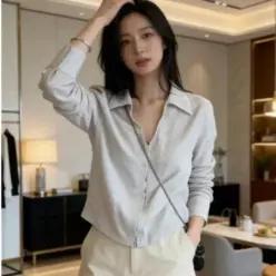 [하프클럽/]여성 스트라이프 카라 집업 셔츠 하객룩 오피스룩 가을 상의