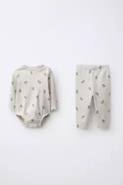 [국내매장] ZARA 여아 곰돌이 패턴 바디수트  레깅스 세트 - 그레이 4174/601/803 555219