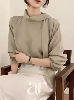 (국내제작) (가을하객룩/일체형타이넥) 다인 반하이넥 일체형 타이 긴팔 가을블라우스 bs8934