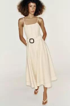 ZARA 자라 린넨 배색 스티치 벨트 미디 원피스 크림 7645 771 712